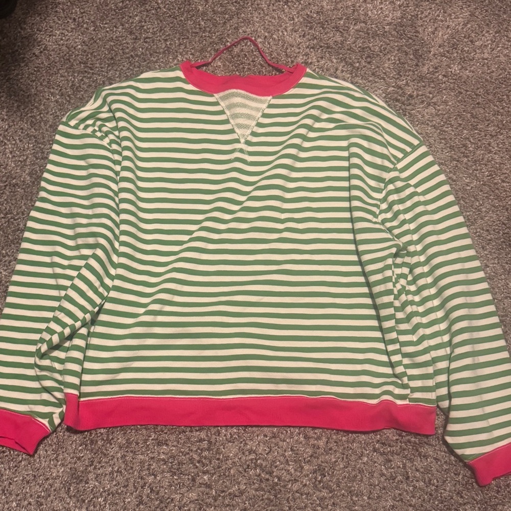 We The Free Green and White Striped Top with pink trim
